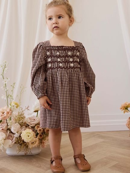 【ベビー＆キッズ】長袖スモッキングワンピースCinnamon Gingham（80～120cm）