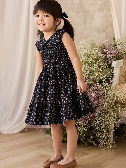 【ベビー＆キッズ】花柄ノースリーブワンピース Maisie Navy／オーガニックコットン（70～120cm）